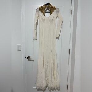 Jovani Ivory Long Sleeve Gown with Gold Beaded Collar